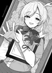 Rule 34 | 1girl, antlers, blush, coffin, commentary request, dragon horns, flower, greyscale, highres, horns, iei, kicchou yachie, looking at viewer, lying, meimei (meimei89008309), monochrome, on back, open mouth, picture frame, reaching, reaching towards viewer, shirt, short hair, short sleeves, skirt, smile, solo, touhou, twitter username