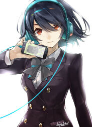 Rule 34 | 1girl, alice (sinoalice), black hair, blazer, bow, bowtie, cable, cellphone, dated, detexted, dress shirt, hair between eyes, hand up, headphones, highres, himiko (326ontheweb), holding, holding phone, jacket, phone, reality arc (sinoalice), red eyes, shirt, short hair, signature, simple background, sinoalice, smartphone, smile, solo, third-party edit, tombstone, user interface, white background