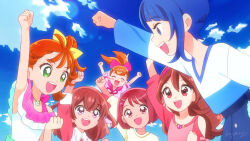 6+girls :d ^_^ arm_up arms_up blue_eyes blue_hair blue_shirt blue_skirt blue_sky blush bow brooch brown_hair clenched_hand closed_eyes clothing_cutout commentary_request crossed_bangs day delicious_party_precure green_eyes hair_between_eyes hair_bow hanadera_nodoka head_tilt healin&#039;_good_precure heart heart_brooch high_side_ponytail hirogaru_sky!_precure inukai_komugi jewelry kimi_to_idol_precure kyanos_(b_0000ff) lens_flare long_hair long_sleeves multiple_girls nagomi_yui natsuumi_manatsu open_mouth outdoors pink_shirt precure red_eyes red_hair sakura_uta_(precure) shirt shoulder_cutout sidelocks signature skirt sky sleeveless sleeveless_shirt smile sora_harewataru tropical-rouge!_precure two-tone_shirt upper_body white_shirt wonderful_precure! yellow_bow yellow_shirt