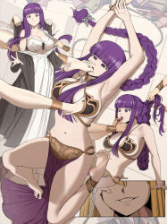 4girls alternate_costume alternate_hairstyle anklet applying_another&#039;s_makeup applying_makeup armpits arms_up assisted_exposure barefoot black_coat blonde_hair blunt_bangs bra bracelet braid braiding_hair breasts chain coat cosplay cuffs dancer dress feet fern_(sousou_no_frieren) foot_on_breast hairdressing hand_on_own_cheek hand_on_own_face highres jewelry kusujinn large_breasts lipstick long_braid long_hair long_sleeves lying makeup metal_bikini multiple_girls navel on_back open_clothes open_dress parted_lips pelvic_curtain princess_leia princess_leia_(cosplay) pulling_another&#039;s_clothes purple_eyes purple_hair purple_lips serie_(sousou_no_frieren) shackles single_braid smirk soles sousou_no_frieren surprised sweatdrop underwear undressing_another very_long_hair white_bra white_dress yuri