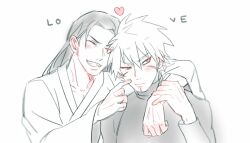 Rule 34 | 2boys, brothers, closed eyes, english text, facial mark, grey hair, grin, heart, long hair, male focus, multiple boys, naruto (series), naruto shippuuden, red eyes, senju hashirama, senju tobirama, siblings, smile, vosovic