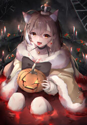 1girl absurdres ahoge animal_ear_fluff animal_ears black_choker black_hair blood blood_on_clothes blood_on_face brown_cape brown_eyes brown_hair cape cat_ears cherry cherry_earrings choker earrings elphe fangs food food-themed_earrings food_themed_earrings fruit fur-trimmed_cape fur_trim hair_ornament halloween highres holding holding_food holding_pumpkin holding_vegetable hololive hololive_english jack-o&#039;-lantern jewelry long_hair looking_at_viewer multicolored_hair nanashi_mumei nanashi_mumei_(casual) open_mouth pumpkin silk smile solo spider_web streaked_hair teeth tongue tongue_out upper_teeth_only vegetable virtual_youtuber wading white_hair x_hair_ornament