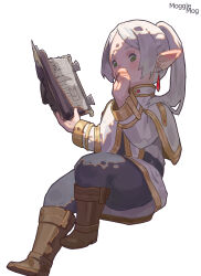 1girl absurdres artist_name book boots brown_boots cosplay covering_own_mouth earrings elf final_fantasy final_fantasy_xiv frieren frieren_(cosplay) gold_trim green_eyes highres holding holding_book jewelry lalafell looking_at_viewer pantyhose parted_bangs pointy_ears shade sousou_no_frieren squishhee twintails white_background white_hair