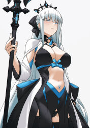 1girl bbk_(13zk) black_bow black_dress blue_eyes bow braid breasts center_opening cleavage commentary dress fate/grand_order fate_(series) grey_hair hair_bow half_up_braid highres large_breasts long_hair long_sleeves morgan_le_fay_(fate) morgan_le_fay_(third_ascension)_(fate) navel ponytail sidelocks solo stomach_tattoo symbol-only_commentary tattoo two-tone_dress very_long_hair