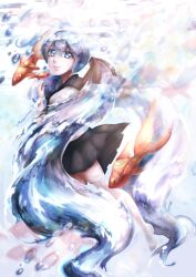 1girl absurdres black_ribbon black_sailor_collar black_skirt blue_eyes blue_hair bottle_miku closed_mouth fish goldfish hair_ribbon hatsune_miku highres kozou_kazaru liquid_hair pleated_skirt ribbon sailor_collar school_uniform serafuku skirt smile solo thighhighs vocaloid water_drop white_thighhighs