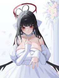 1girl absurdres antenna_hair bags_under_eyes black_hair black_wings blood blood_halo blue_archive blush bow bow_choker breasts choker collarbone dress halo highres jewelry large_breasts liquid_halo long_hair looking_at_viewer low_wings melting_halo musclexm red_eyes red_halo ring smile solo tearing_up tears tsurugi_(blue_archive) tsurugi_(dress)_(blue_archive) wedding_dress wedding_ring white_choker white_dress wings