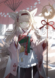 1girl absurdres animal_ears apron arknights blonde_hair chinese_commentary commentary_request fox_ears fox_girl fox_tail frilled_apron frills green_eyes highres japanese_clothes kimono kitsune kyuubi long_sleeves luozhou_pile multiple_tails official_alternate_costume oil-paper_umbrella parted_lips pink_kimono red_umbrella solo suzuran_(arknights) suzuran_(yukibare)_(arknights) tail umbrella waist_apron white_apron