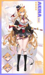 1girl absurdres ahoge assault_rifle black_boots black_jacket black_skirt blonde_hair blue_eyes blush boots breasts cleavage collared_shirt commentary crop_top daewoo_k2 demon_horns demon_tail detached_wings full_body grin gun hat hibiwa highres holding holding_gun holding_weapon horns jacket knee_boots lace-up_boots lace_trim large_breasts long_hair long_sleeves looking_at_viewer midriff mini_wings miniskirt multiple_expressions necktie nose_blush off_shoulder open_clothes open_jacket original pleated_skirt red_necktie rifle shirt short_necktie single_wing skindentation skirt smile solo standing tail thigh_strap thighs top_hat very_long_hair weapon white_shirt wings zoom_layer