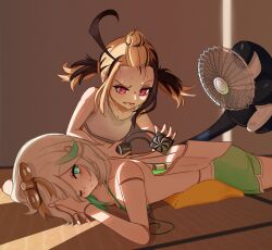 Rule 34 | 2girls, ;), absurdres, ahoge, aqua eyes, bangs pinned back, bare arms, bare shoulders, bikini, bikini top only, black hair, blonde hair, cecilia immergreen, commentary, computer fan, doll joints, dolphin shorts, electric fan, english commentary, fang, fang out, forehead, gigi murin, green bikini, green shorts, highres, hololive, hololive english, indoors, joints, lying, multicolored hair, multiple girls, on stomach, one eye closed, pink eyes, prehensile tail, shorts, smile, sports bra, squaerart, streaked hair, swimsuit, tail, tongue, tongue out, twintails, two-tone hair, virtual youtuber, white hair, winding key