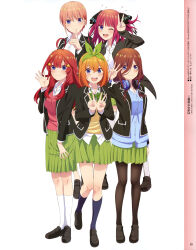 Rule 34 | 5girls, absurdres, ahoge, arm up, black jacket, black pantyhose, black shoes, black socks, blazer, blue eyes, blue sweater, blue sweater vest, blush, bow, bowtie, breasts, brown hair, butterfly hair ornament, closed mouth, collarbone, collared shirt, dot nose, double v, female focus, full body, go-toubun no hanayome, green bow, green bowtie, green ribbon, green skirt, hair between eyes, hair bow, hair ornament, headphones, headphones around neck, highres, jacket, japanese text, kneehighs, legs, long hair, long sleeves, looking at viewer, magazine scan, medium breasts, miniskirt, multiple girls, nakano ichika, nakano itsuki, nakano miku, nakano nino, nakano yotsuba, official art, one eye closed, open mouth, orange hair, pantyhose, peace symbol, pink hair, pink sweater, pleated skirt, quintuplets, red hair, red sweater, red sweater vest, ribbon, scan, school uniform, shirt, shoes, short hair, siblings, simple background, sisters, skirt, smile, socks, star (symbol), star hair ornament, sweater, sweater vest, teeth, thighhighs, thighs, tongue, twintails, upper teeth only, v, vest, white background, white shirt, white socks, white thighhighs, yellow sweater, yellow sweater vest, yellow vest, zettai ryouiki