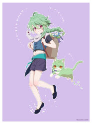 1boy absurdres aged_down ahoge animalization aqua_sash artist_name backpack_basket baizhu_(genshin_impact) basket black_shoes blue_flower blue_shirt border braid cat changsheng_(genshin_impact) child chinese_clothes closed_mouth commentary_request crop_top expressionless floating_hair flower flower_in_mouth genshin_impact glasses glaze_lily green_cat green_hair hair_between_eyes hair_bun hair_ornament hair_stick hair_tie hands_up highres long_hair looking_at_viewer male_focus midriff mouth_hold navel orange_eyes outline parted_bangs purple_background purple_flower purple_shorts red_eyes sash semi-rimless_eyewear shirt shoes short_shorts short_sleeves shorts simple_background single_braid single_hair_bun snake solo stomach swept_bangs twitter_username under-rim_eyewear usushio_oishii violetgrass white_border white_outline white_snake