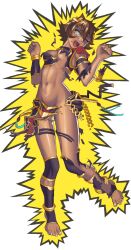 1girl anklet arched_back beads blue_string bracelet breasts broken broken_anklet broken_chain brown_hair chain clenched_hands electricity electrocution fangs feet fingernails full_body furrowed_brow gold_anklet gold_bracelet gold_thighlet gold_trim green_eyes hair_horns hands_up head_tilt highres hitomaruniigo jewelry knees_together_feet_apart linea_alba loincloth medium_hair navel neptora one_eye_closed open_mouth original outline pain panties revealing_clothes ribs shiny_skin shirt shouting small_breasts solo spiked_hair stirrup_legwear tan tearing_up thighlet toeless_legwear toenails toes toned toned_female tongue torn_clothes torn_panties torn_shirt torn_stirrup_legwear underboob underwear wardrobe_malfunction white_panties