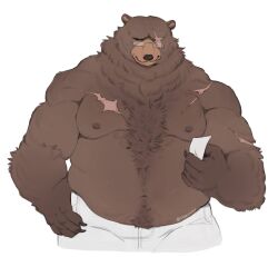 1boy animal_ears artist_name bara bare_pectorals bear_boy bear_ears belly ben_bigger biceps brown_fur claws closed_mouth commentary english_commentary fat furry furry_male glasses highres holding_receipt looking_at_viewer male_focus multiple_scars navel nipples onkionku pants pectorals plump scar scar_across_eye scar_on_arm scar_on_chest scar_on_face topless_male twitter_username white_background white_pants zenless_zone_zero