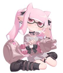 1girl absurdres alternate_color animal_ears black_bow black_shoes blush bow closed_mouth commentary ear_piercing earrings gakusei_noa grey_shirt highres holding holding_weapon hoop_earrings inkling inkling_girl inkling_player_character jewelry leg_warmers long_hair nautilus_(splatoon) nintendo piercing pink_hair pointy_ears red_eyes shirt shoes sidelocks simple_background sitting smile solo splatoon_(series) splatoon_3 symbol-only_commentary tentacle_hair twintails wariza weapon white_background