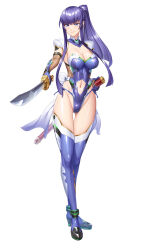 1girl armored_boots armored_leotard boots breasts busujima_saeko cleavage clothing_cutout collarbone crossover full_body groin high_ponytail highleg highleg_leotard highres highschool_of_the_dead holding holding_sword holding_weapon large_breasts leotard navel navel_cutout official_art ponytail purple_eyes purple_hair purple_leotard satou_shouji sidelocks simple_background smile stomach sword taimanin_(series) taimanin_rpgx thighs weapon white_background