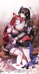 animal_ears bamen bow brown_hair ceri_(sakura_dungeon) commission commissioner_upload fox_ears fox_tail grabbing_another&#039;s_hand green_eyes hair_bow head_on_another&#039;s_chest highres hug japanese_clothes kimono non-web_source pink_hair sakura_dungeon standing standing_on_liquid tail yomi_(sakura_dungeon) yuri