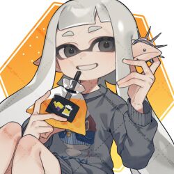 1girl black_eyes commission drink drink_bag drink_pouch drinking_straw earrings grey_hair grey_sweater grin hand_on_own_ear highres holding holding_drink inkling inkling_girl inkling_player_character jewelry long_hair long_sleeves looking_to_the_side nintendo pointy_ears prat_rat smile solo spiked_ear_piercing splatoon_(series) stud_earrings sweater tentacle_hair watermark watermark_grid