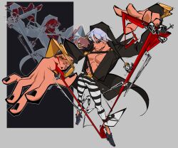 1boy absurdres bare_pectorals belt belt_buckle black_coat black_hood black_nails black_pants black_sclera black_shoes buckle coat colored_sclera commentary english_commentary full_body grey_background grey_hair highres jojo_no_kimyou_na_bouken long_coat long_sleeves male_focus metallica_(stand) open_clothes pants pectorals red_eyes risotto_nero shikinamisooryu shoes short_hair stand_(jojo) striped_clothes striped_pants vento_aureo white_pants zoom_layer
