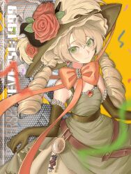 1girl :3 bare_shoulders belt blonde_hair bow brown_belt chin_strap confetti copyright_name dress drill_hair elbow_gloves flower gem gloves green_dress green_eyes green_gloves green_hat halftone halftone_background hat hat_feather hat_flower highres long_dress looking_at_viewer low_twintails luanbu orange_bow red_flower red_gemstone red_rose reverse:1999 rose skirt_hold sleeveless sleeveless_dress solo sotheby sun_hat twin_drills twintails upper_body watch yellow_background