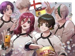 5boys bachira_meguru beamed_eighth_notes blue_lock bottle chigiri_hyoma closed_eyes colored_inner_hair eighth_note flag green_hair highres holding holding_bottle long_hair looking_at_viewer male_focus mikage_reo mizuhara_aki multicolored_hair multiple_boys musical_note nagi_seishirou open_mouth otoya_eita purple_hair red_eyes red_hair shirt snack spain_flag streaked_hair tongue tongue_out translation_request v white_hair white_shirt yellow_eyes