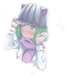 1girl alternate_costume animal_ears black_hat blush breasts cat_ears closed_mouth danganronpa_(series) danganronpa_another_episode:_ultra_despair_girls female_focus green_eyes green_hair hands_up hat long_sleeves matching_hair/eyes purple_skirt shirt simple_background skirt small_breasts solo solo_focus towa_monaca upper_body white_background white_shirt