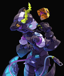 Rule 34 | 1girl, android, black background, blue sclera, colored sclera, dia (world flipper), highres, horns, humanoid robot, joints, looking at viewer, looking back, mechanical skirt, metal skin, one eye closed, robot, robot girl, robot joints, solo, taedu, tail, world flipper