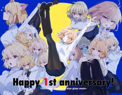 1girl :d :p alternate_breast_size angry animal_ear_fluff animal_ears arcueid_brunestud arms_behind_back blush boots breasts capelet cat_ears cat_girl citron80citron dress english_text feet floating_clothes floating_hair hand_on_own_chest highres jewelry large_breasts leg_lift looking_at_viewer necklace official_alternate_costume one_eye_closed open_mouth pantyhose pout sitting smile stretching sweater toes tongue tongue_out tsukihime tsukihime_(remake) turtleneck turtleneck_sweater white_capelet white_dress