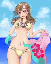 Rule 34 | 1girl, bare shoulders, bikini, blush, braid, breasts, brown hair, cleavage, long hair, midriff, mature female, navel, ocean, oosuki mamako, open mouth, purple eyes, swimsuit, tsuujou kougeki ga zentai kougeki de ni-kai kougeki no okaasan wa suki desu ka?, underboob, water