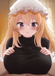 1boy 1girl blonde_hair blush breasts hat highres large_breasts long_hair maribel_hearn mob_cap open_mouth paizuri paizuri_under_clothes purple_eyes ribbed_sweater solo_focus sweater tori_(minamopa) touhou