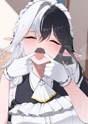 1girl absurdres apron black_hair blush closed_eyes commission earrings eileennoir finger_in_own_mouth gloves highres indie_virtual_youtuber jewelry long_hair maid maid_apron maid_headdress multicolored_hair open_mouth oral_invitation pointy_ears short_sleeves skeb_commission solo sweat teeth tongue tongue_out two-tone_hair upper_teeth_only virtual_youtuber white_apron white_gloves white_hair yanagui_yugi