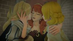 3d 3girls blonde_hair braid castle celica_(fire_emblem) closed_eyes earrings exaltedbrand fire_emblem fire_emblem_echoes:_shadows_of_valentia fire_emblem_heroes fire_emblem_warriors gloves groping group_sex highres jewelry kiss kissing_cheek lianna_(fire_emblem) long_hair multiple_girls nintendo official_alternate_costume open_mouth princess red_hair sharena_(fire_emblem) short_hair smile threesome tiara yuri