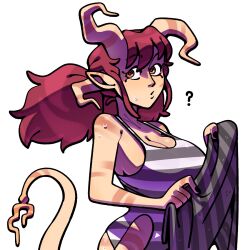 1girl ? breasts cleavage demon_girl discount-supervillain eyelashes holding holding_towel horns large_breasts long_hair one-piece_swimsuit original red_hair solo striped_skin swimsuit towel twintails wet