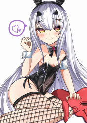 1girl absurdres animal_ear_hairband animal_ears bare_arms bare_shoulders black_bow black_bowtie blush bow bowtie breasts covered_navel fake_animal_ears fate/grand_order fate_(series) fishnet_pantyhose fishnets forked_eyebrows hairband highres hiiro_monaka leotard long_hair looking_at_viewer melusine_(fate) pantyhose playboy_bunny rabbit_ear_hairband rabbit_ears sitting small_breasts smile solo strapless strapless_leotard stuffed_animal stuffed_octopus stuffed_toy thighs white_hair white_wrist_cuffs wrist_cuffs yellow_eyes