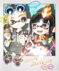 1boy 1girl asymmetrical_bangs birthday birthday_cake black_eyes black_hair blue-framed_eyewear blunt_bangs cake cardigan character_doll chibi chibi_inset chin_strap closed_mouth doll dress_shirt eyebrow_cut eyewear_on_head fangs food food_on_face gradient_hair grey_cardigan grey_jacket happy_birthday hat highres holding holding_cake holding_doll holding_food hood hood_down hooded_jacket inkling inkling_boy inkling_girl inkling_player_character jacket long_hair looking_at_another miko_(15476997) multicolored_hair nintendo open_cardigan open_clothes open_mouth orange_hair party_hat pink_eyes pink_hair pointy_ears polaroid_photo red_scarf sample_watermark scarf shirt short_hair smile speech_bubble splatoon_(series) sunglasses tentacle_hair watermark white_shirt