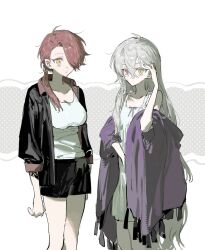 2girls black_shorts breasts dress hair_between_eyes hair_over_one_eye hair_over_shoulder heterochromia highres large_breasts long_hair multiple_girls original qyzhiaiyisheng red_eyes red_hair shirt shorts simple_background small_breasts white_background white_dress white_hair white_shirt yellow_eyes