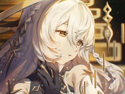 1girl bare_shoulders braid bright_pupils collarbone colored_extremities detached_sleeves genshin_impact hair_between_eyes halo highres istaroth_(genshin_impact) long_hair open_mouth parted_lips scene_reference senpai0820 single_braid solo stairs upper_body white_hair white_pupils yellow_eyes