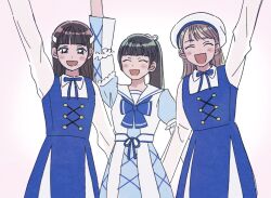 3girls ame_(ameno_ko) animification aqours_finale_lovelive!_~eikyuu_stage~ arm_up beret black_hair blue_bow blue_bowtie blue_dress bow bowtie brown_hair collared_shirt commentary_request cowboy_shot dress facing_viewer hat komiya_arisa long_hair looking_at_viewer love_live! love_live!_sunshine!! mole mole_under_mouth multiple_girls pinafore_dress ponytail real_life sailor_collar sailor_dress shirt simple_background sleeveless sleeveless_dress suwa_nanaka suzuki_aina_(voice_actor) voice_actor white_background white_hat white_sailor_collar white_shirt
