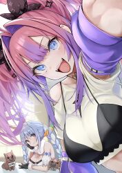+_+ 2girls ahoge animal_ears arm_belt black_bra black_gloves black_ribbon blue_eyes blush bra bra_over_clothes braid breasts carrot_hair_ornament detached_sleeves dog dress fangs food-themed_hair_ornament gloves hair_intakes hair_ornament hair_ribbon hand_on_own_cheek hand_on_own_face highres hololive hololive_dev_is kikirara_vivi large_breasts long_hair looking_at_viewer mappaninatta multicolored_hair multiple_girls open_mouth pink_hair purple_sleeves rabbit_ears rabbit_girl red_eyes ribbon scarf shirt short_sleeves smile sparkle_print teeth thick_eyebrows twin_braids twintails two-tone_hair underwear upper_teeth_only usada_pekora virtual_youtuber white_dress white_scarf white_shirt