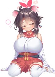 1girl animal_ears bare_shoulders blue_archive breasts brown_hair commentary_request detached_sleeves expressionless full_body hair_between_eyes hair_bun hakama halo highres huge_breasts japanese_clothes kaede_(blue_archive) looking_at_viewer miyajima_(anthem-anthem) oppai_loli red_hakama red_halo short_hair simple_background single_side_bun sitting sleeveless solo squeans thighhighs wariza white_sleeves white_thighhighs yellow_eyes