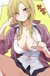 +++ 1girl akutsu_riko anmi_ilust black_skirt blonde_hair blush breasts brown_eyes cleavage collared_shirt commentary_request delinquent green_background grin highres index_finger_raised jacket kaette_kudasai!_akutsu-san long_hair navel open_clothes open_jacket panties pantyshot partially_unbuttoned pleated_skirt purple_jacket school_uniform shirt skirt smile solo underwear white_panties white_shirt
