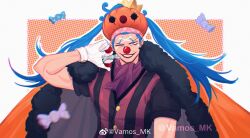 1boy absurdres ascot blue_hair border buggy_the_clown candy cape crown facepaint food fur-trimmed_cape fur_trim gloves grin highres long_hair long_sleeves male_focus one_eye_closed one_piece orange_cape pumpkin_hat purple_ascot short_sleeves smile solo twintails vamos_mk white_border white_gloves wrapped_candy