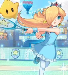 1girl aircraft aqua_dress blonde_hair blue_eyes crown dress earrings frilled_dress frills hair_over_one_eye hammer_bro highres hot_air_balloon jewelry koopa_troopa long_hair luma_(mario) mario mario_(series) mario_tennis mini_crown nail_polish nintendo pantyhose princess_daisy princess_peach purple_nails racket rosalina rosalina_(ultra_smash) sasaki_sakiko shoes sneakers sparkle star_(symbol) star_earrings sweatband tennis_court tennis_racket white_pantyhose wristband