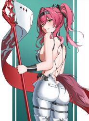1girl ass back backless_bodysuit bare_shoulders black_bow bodysuit bow breasts commentary cowboy_shot from_behind hair_bow hairband hazeillusts holding holding_polearm holding_weapon large_breasts light_blush long_hair looking_at_viewer looking_back lupa_(wuthering_waves) median_furrow metal_hairband multiple_hair_bows parted_lips pink_hair polearm smile solo tacet_mark_(wuthering_waves) tail toeless_bodysuit weapon white_bodysuit wolf_tail wuthering_waves yellow_eyes