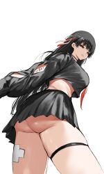 1girl absurdres ass black_hair black_serafuku black_skirt breasts chisa_(wuthering_waves) cowboy_shot from_below hair_ribbon highres large_breasts long_hair looking_at_viewer looking_down midriff miyou neckerchief parted_lips pleated_skirt red_eyes red_neckerchief red_ribbon ribbon school_uniform serafuku simple_background skirt solo tacet_mark_(wuthering_waves) white_background wuthering_waves