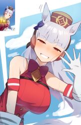 Rule 34 | 1girl, animal ears, armpit crease, blue bow, blue sky, bow, bowtie, breasts, brown hat, cloud, commentary, ear bow, english commentary, english text, game screenshot inset, gloves, gold ship (umamusume), grey hair, grin, hat, highres, horse ears, horse girl, large breasts, long hair, looking at viewer, pillbox hat, red bow, red bowtie, red eyes, sky, sleeveless, smile, solo, umamusume, upper body, vinsycal, waving, white gloves