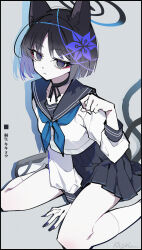 1girl absurdres animal_ears black_hair blue_archive blue_halo blue_neckerchief cat_ears cat_tail grey_background grey_eyes grey_sailor_collar grey_skirt halo highres kikyou_(blue_archive) medium_hair neckerchief priest77 sailor_collar school_uniform serafuku shirt simple_background sitting skirt socks solo tail wariza white_shirt white_socks