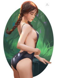 1girl 2017 ass backless_swimsuit bare_back black_one-piece_swimsuit border braid braided_ponytail breasts brown_hair candy casual_one-piece_swimsuit circle dated female_focus food grass highres lollipop looking_down messy_hair nose one-piece_swimsuit original outdoors outside_border photo-referenced shiny_clothes sideboob solo standing swimsuit thighs tree trung_nguyen_(windboi) twin_braids white_border