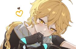 1boy aether_(genshin_impact) ahoge black_gloves black_shirt blonde_hair blush braid commentary crossed_bangs earrings gauntlets genshin_impact gloves hair_between_eyes half-closed_eyes hand_on_own_chin heart highres jewelry long_hair looking_at_viewer male_focus scarf shirt short_sleeves simple_background single_earring smile solo symbol-only_commentary teeth upper_body wakame_031412 white_background white_scarf yellow_eyes