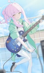 1girl ahoge blue_archive blue_sky blunt_bangs closed_mouth day green_eyes green_jacket guitar halo holding holding_guitar holding_instrument horizontal_pupils instrument jacket kaya_(blue_archive) long_sleeves one_eye_closed open_clothes open_jacket pantyhose pink_hair shirt sidelocks skirt sky smile solo standing standing_on_one_leg susi_tabit t-shirt white_pantyhose white_shirt white_skirt yellow_halo