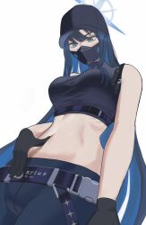 1girl baseball_cap blue_archive blue_eyes blue_hair blush breasts gloves halo hand_on_own_stomach hat highres large_breasts legs long_hair looking_down midriff navel newkay22 pants saori_(blue_archive) spread_navel thighs toned very_long_hair